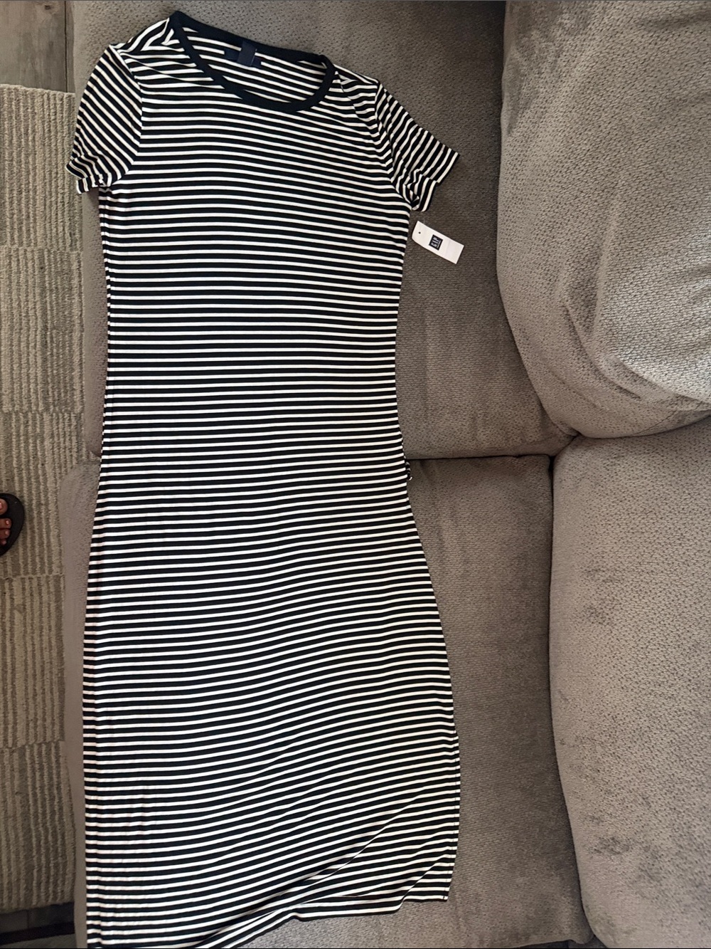 GAP Black and White Striped Short-Sleeve Midi Dress